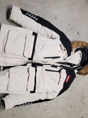 National Geographic White and Black Ski Jacket with Faux Fur Hood